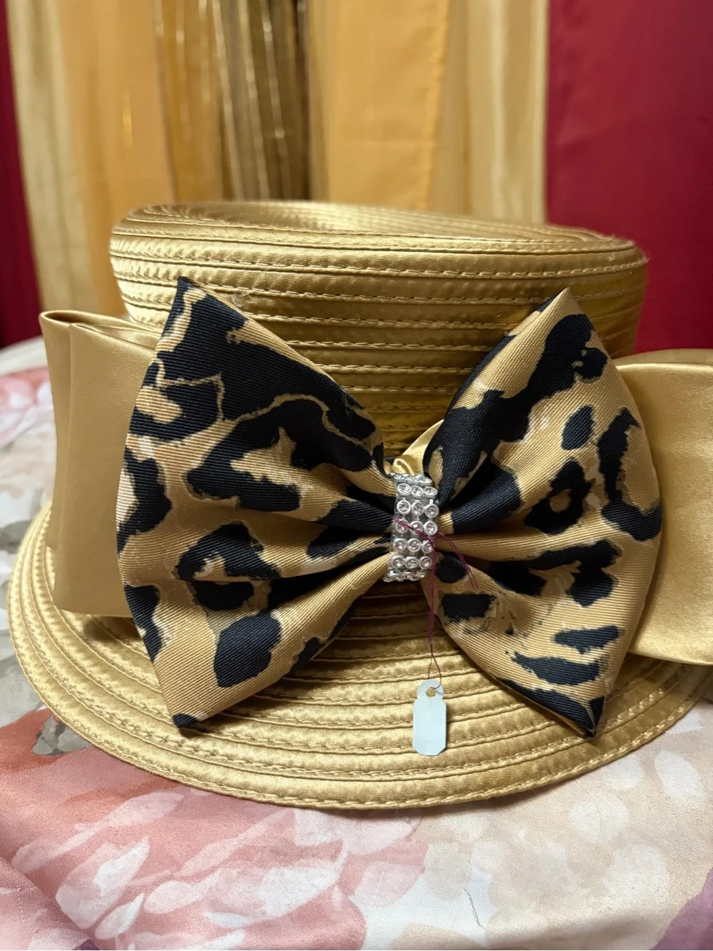 Ashro Gold Leopard Bow Straw Hat CHURCH HAT